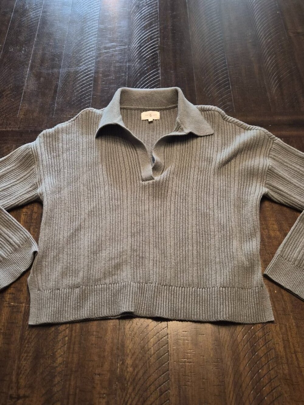 Lou & Grey Women's Gray Long Sleeve Ribbed Cropped Sweater Size S Collared G108